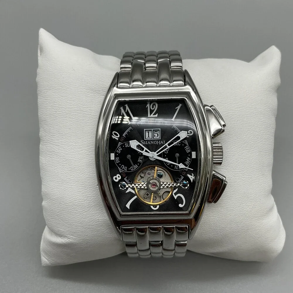 Shanghai DCEC Cummins Mens Watch 34mm Silver Tone Skeleton Dial Automatic 7.5